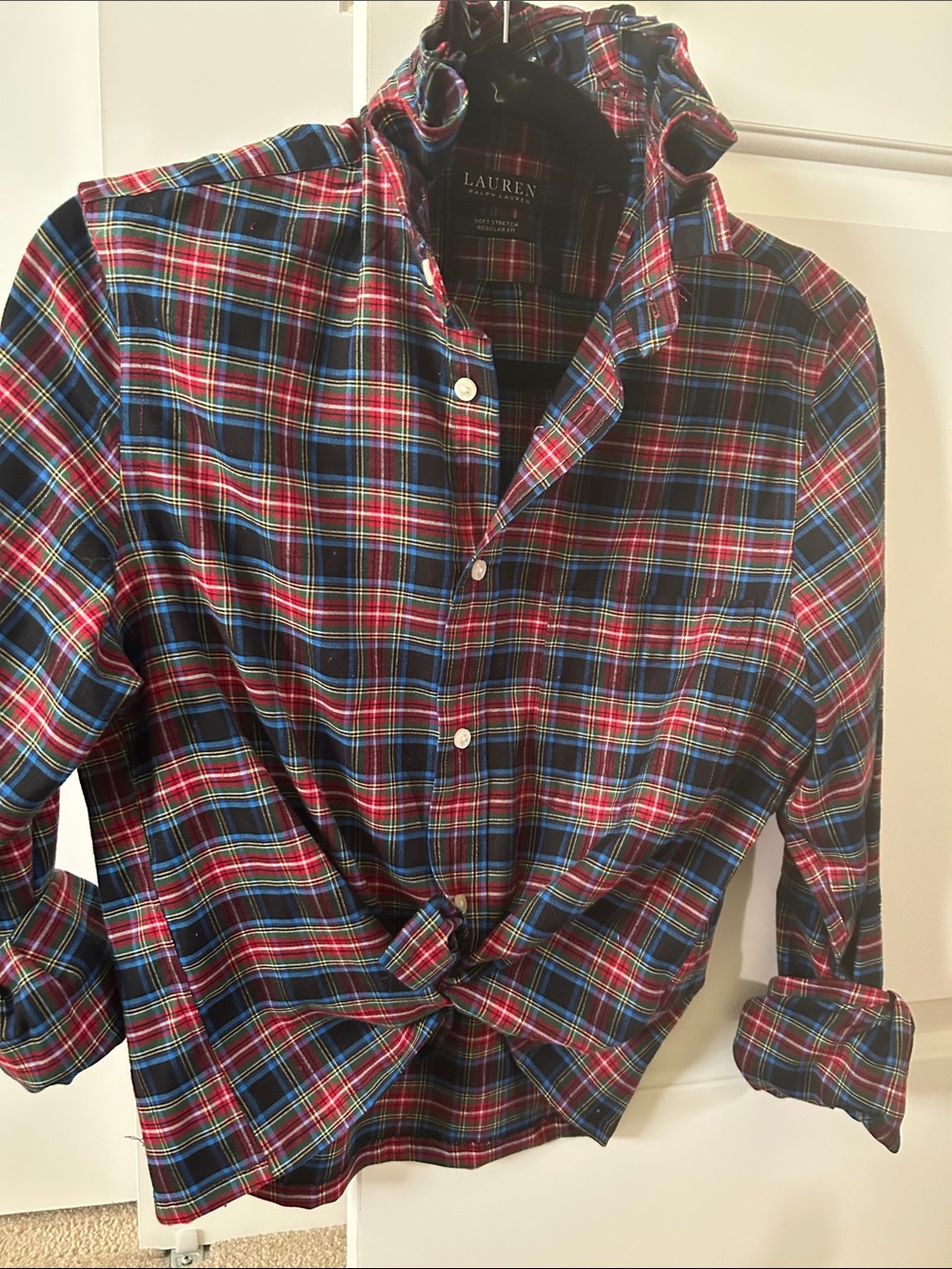 Ralph Lauren Red & Blue Plaid Shirt recreated for a woman with a ruffled collar.